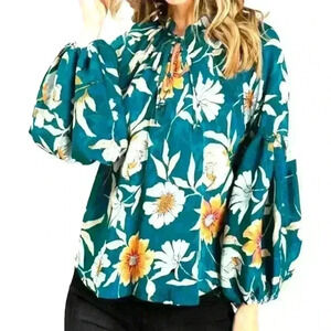 LOVESTICH Love Stitch Women's Med Boho Long Sleeve Blue Green Floral Blouse